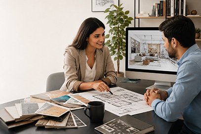 Comparison of a fashion studio under renovation and the finished bright workspace, highlighting the impact of professional architects.